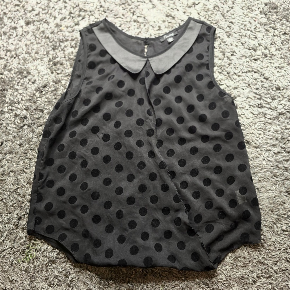 Timing Black Polka Dot Sheer Blouse Faux Leather Peter Pan Collar Sleeveless L